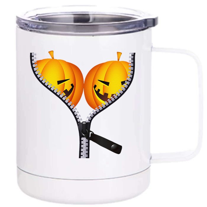 Funny Pumpkin BOObs Women Halloween Jack O Lantern Costume Front & Back 12oz Stainless Steel Tumbler Cup