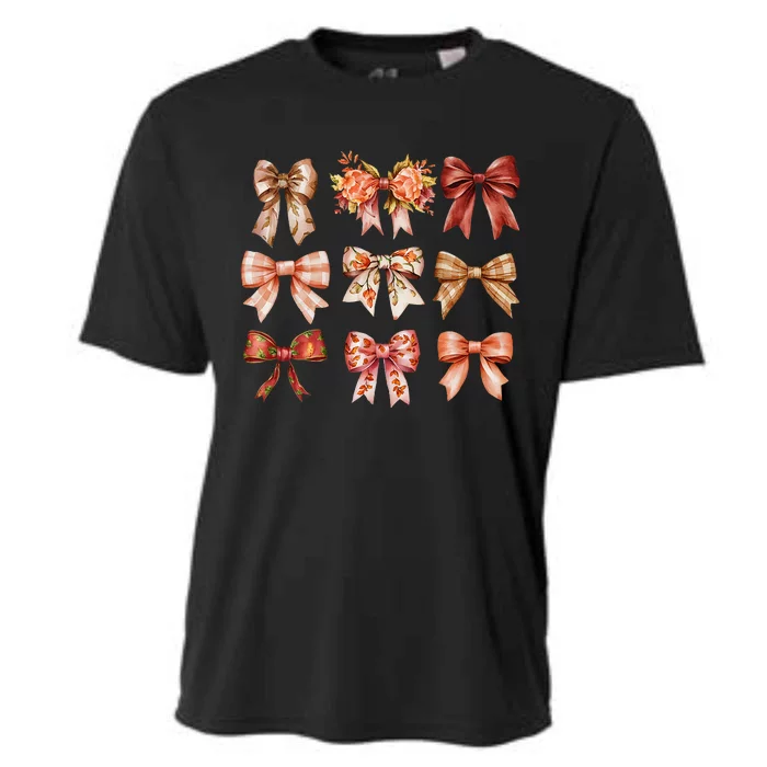 Fall Pumpkin Bow Coquette Autumn Leaves Thanksgiving Cooling Performance Crew T-Shirt