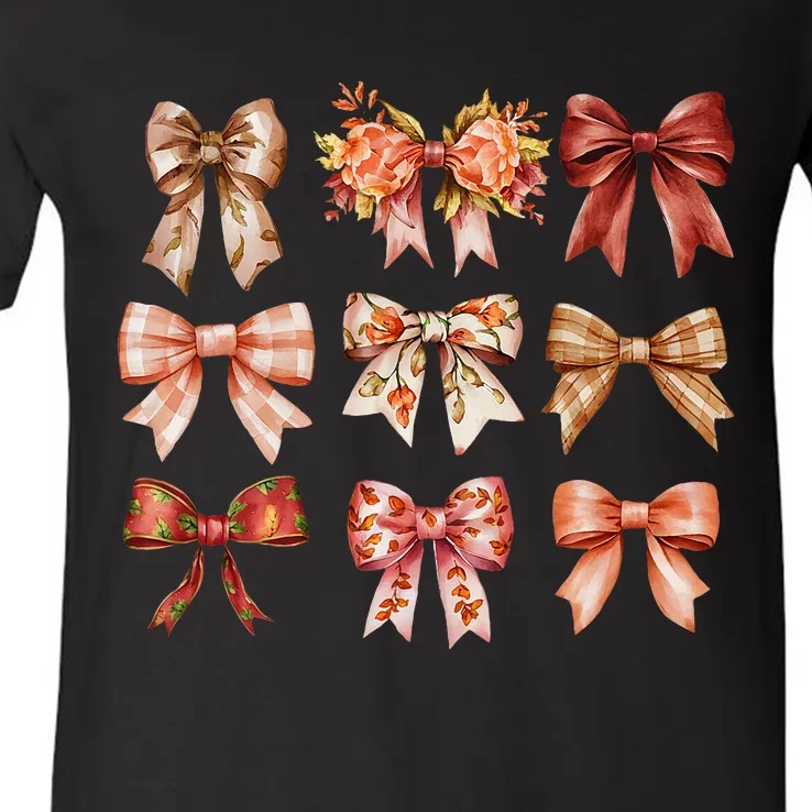 Fall Pumpkin Bow Coquette Autumn Leaves Thanksgiving V-Neck T-Shirt