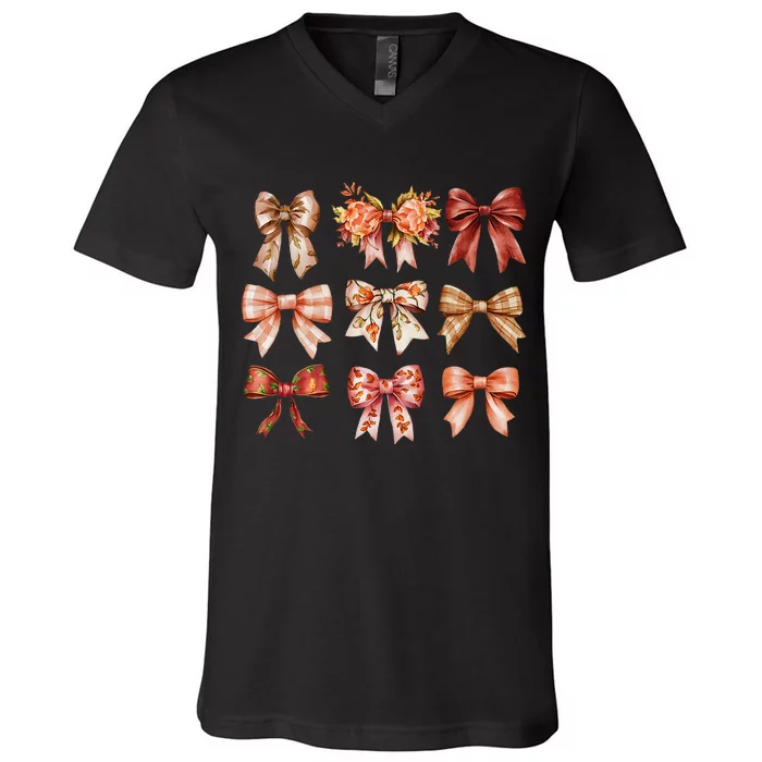 Fall Pumpkin Bow Coquette Autumn Leaves Thanksgiving V-Neck T-Shirt