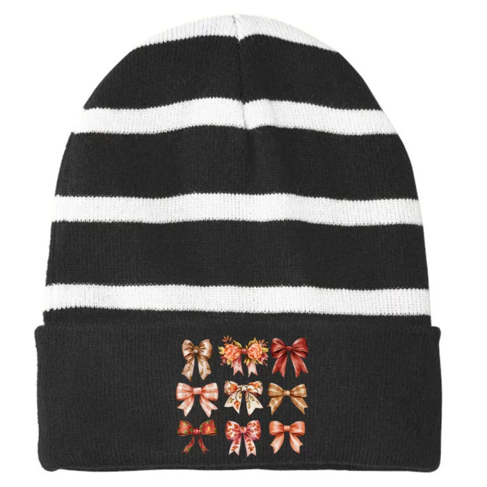 Fall Pumpkin Bow Coquette Autumn Leaves Thanksgiving Striped Beanie with Solid Band