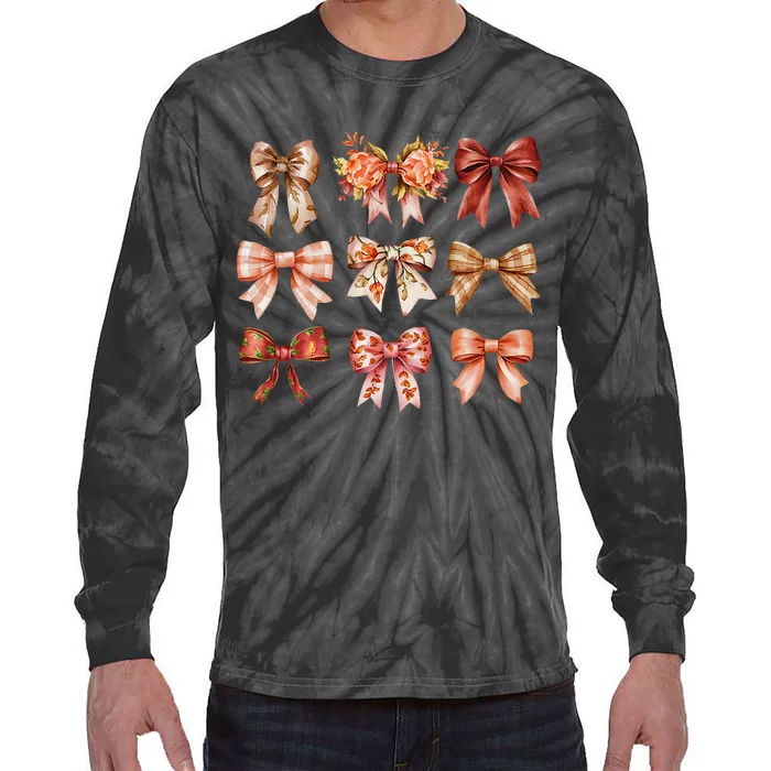 Fall Pumpkin Bow Coquette Autumn Leaves Thanksgiving Tie-Dye Long Sleeve Shirt