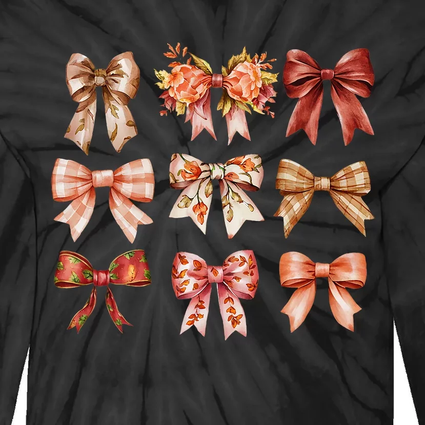 Fall Pumpkin Bow Coquette Autumn Leaves Thanksgiving Tie-Dye Long Sleeve Shirt