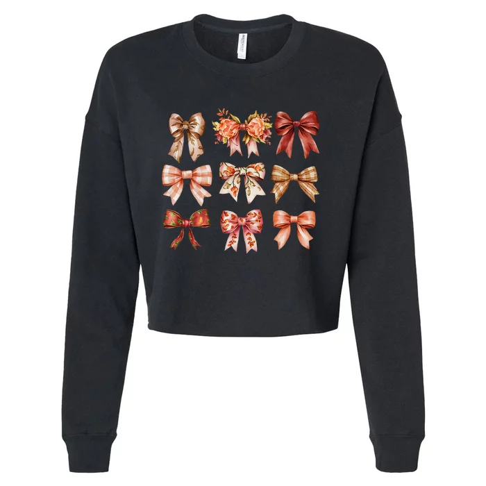 Fall Pumpkin Bow Coquette Autumn Leaves Thanksgiving Cropped Pullover Crew