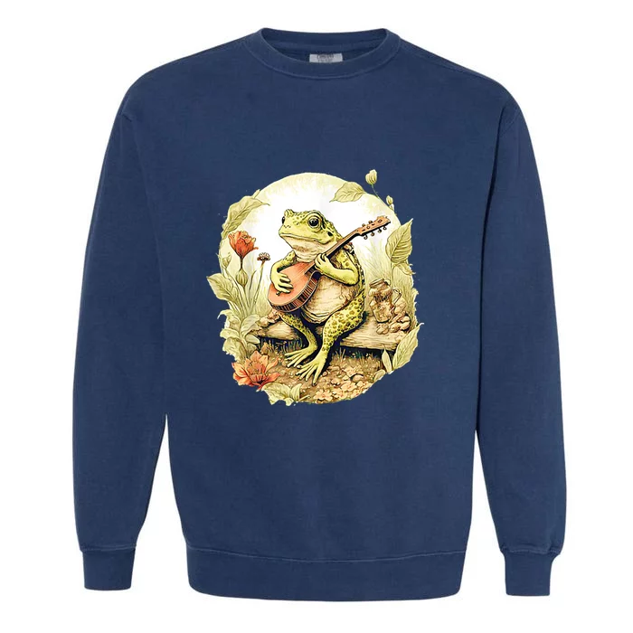 Frog Playing Banjo On Log Garment-Dyed Sweatshirt