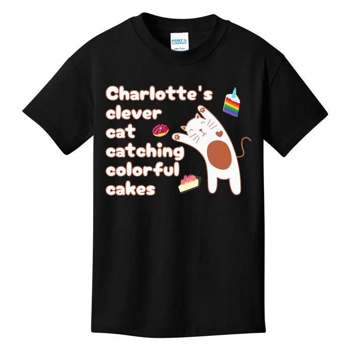 Funny Pun CharlotteS Clever Cat Catching Colorful Cakes Kids T-Shirt