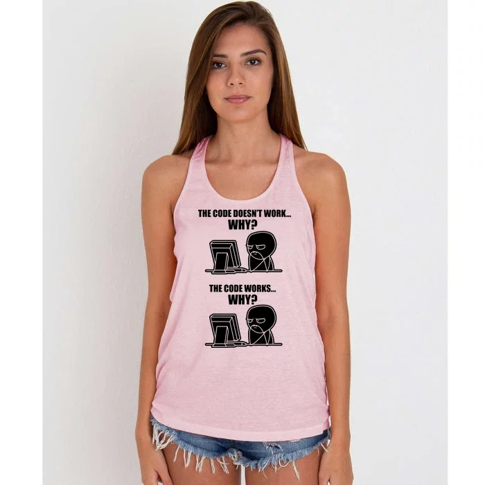 Funny Programmer Code Works Why Meme Tee Women's Knotted Racerback Tank