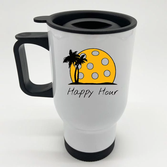 Fun Pickleball Cute Gift Happy Hour W/ Huge Pickleball Sunset Cute Gift Front & Back Stainless Steel Travel Mug