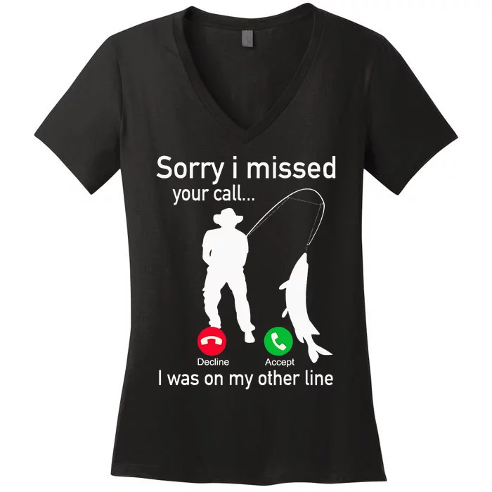 Fishing Phone Call With Fishing Line Funny Fish Fisherman Fishing Phone Call W Women's V-Neck T-Shirt