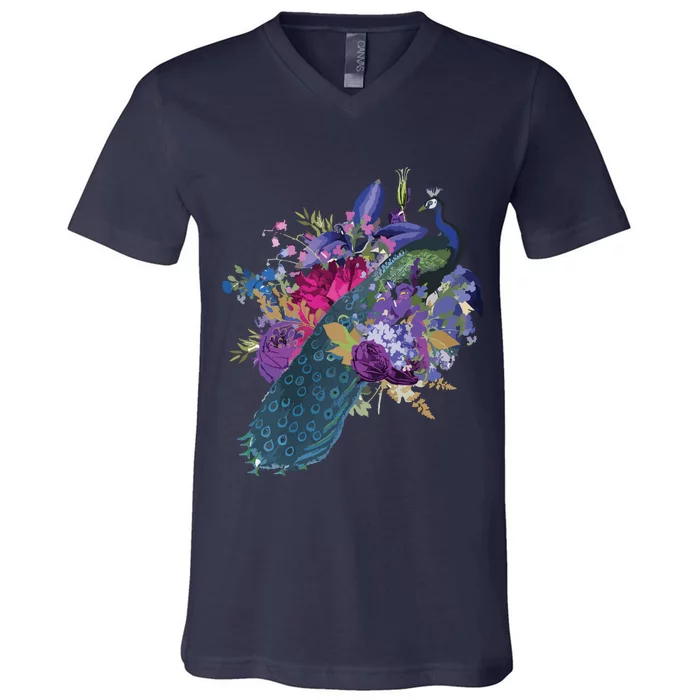 Floral Peacock Colorful Peacocks Boho Style V-Neck T-Shirt