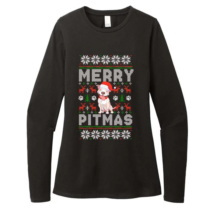 Funny Pitbull Christmas Merry Pitmas Ugly Sweater Cute Gift Womens CVC Long Sleeve Shirt