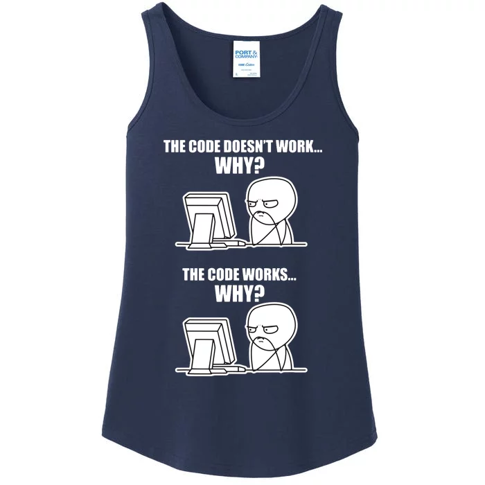 Funny Programmer Code Works Why Meme Tee Ladies Essential Tank