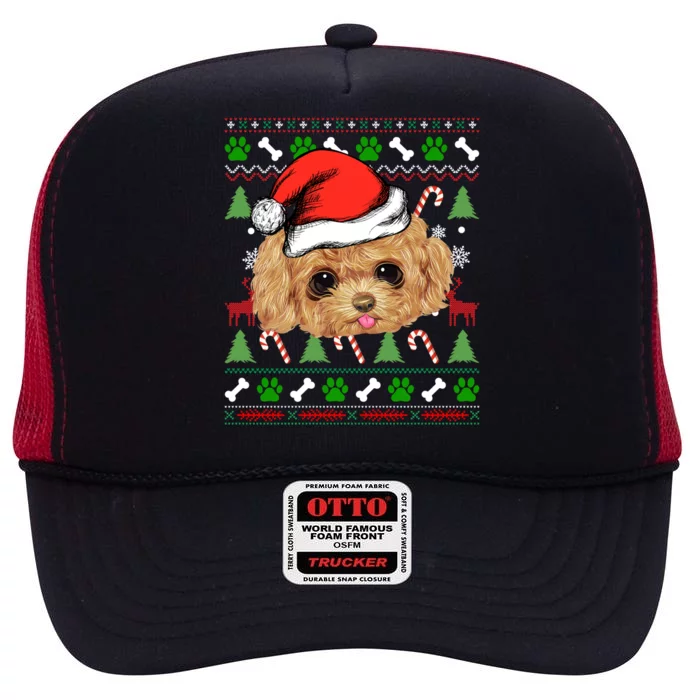 Funny Poodle Christmas Ugly Sweater Poodle Tree Lights Xmas Gift High Crown Mesh Trucker Hat