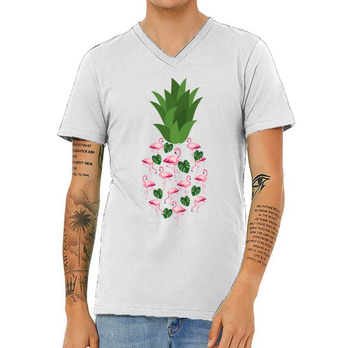 Flamingo Pineapple Cute Fun Summer V-Neck T-Shirt