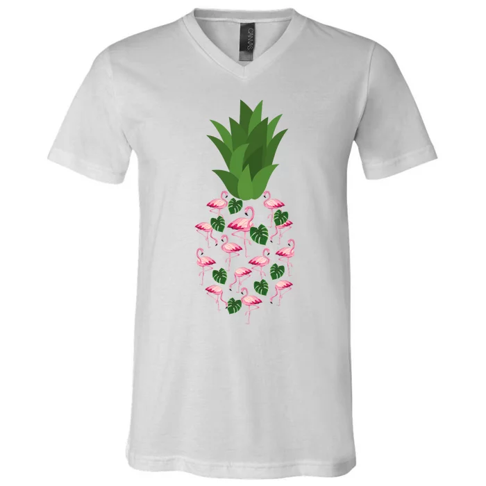 Flamingo Pineapple Cute Fun Summer V-Neck T-Shirt