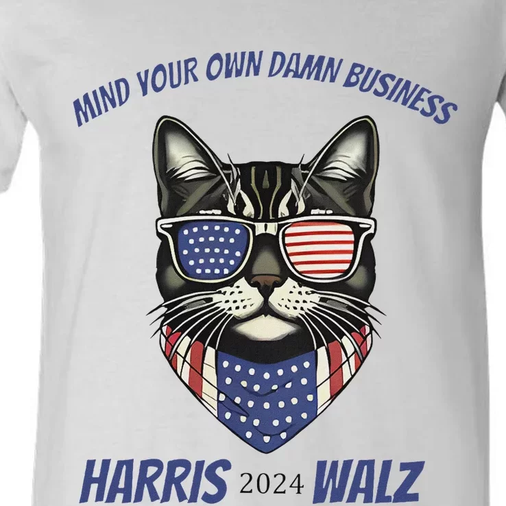 Funny Patriotic Cat Harris Walz Mind Your Business V-Neck T-Shirt