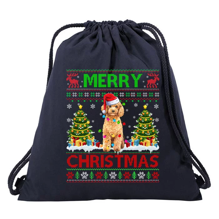 Funny Poodle Christmas Ugly Sweater Poodle Tree Lights Xmas Gift Drawstring Bag