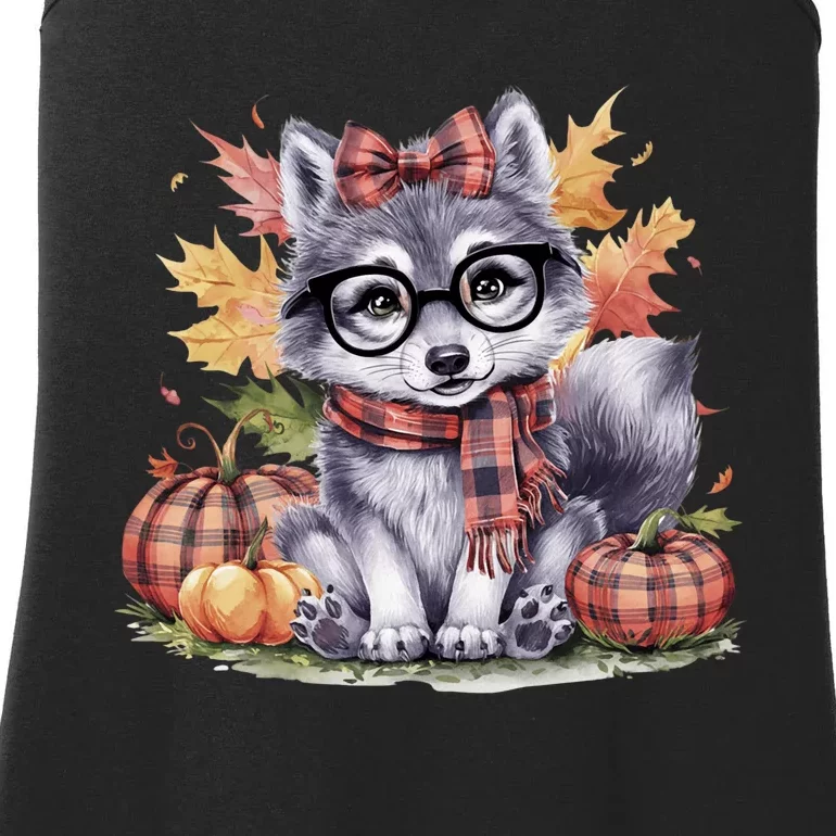 Fall Pumpkin Cute Wolf Fall Autumn Thanksgiving Ladies Essential Tank