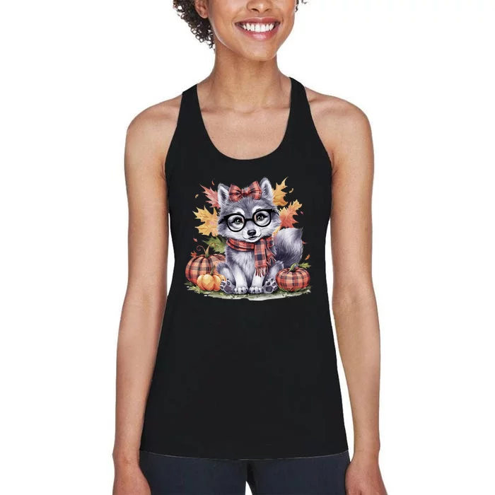 Fall Pumpkin Cute Wolf Fall Autumn Thanksgiving Women's Racerback Tank