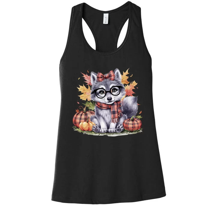 Fall Pumpkin Cute Wolf Fall Autumn Thanksgiving Women's Racerback Tank