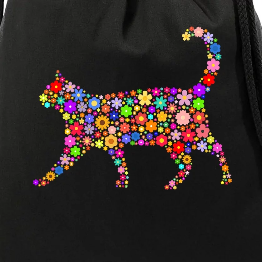 Floral Pattern Cat  Floral Cat Silhouette Drawstring Bag