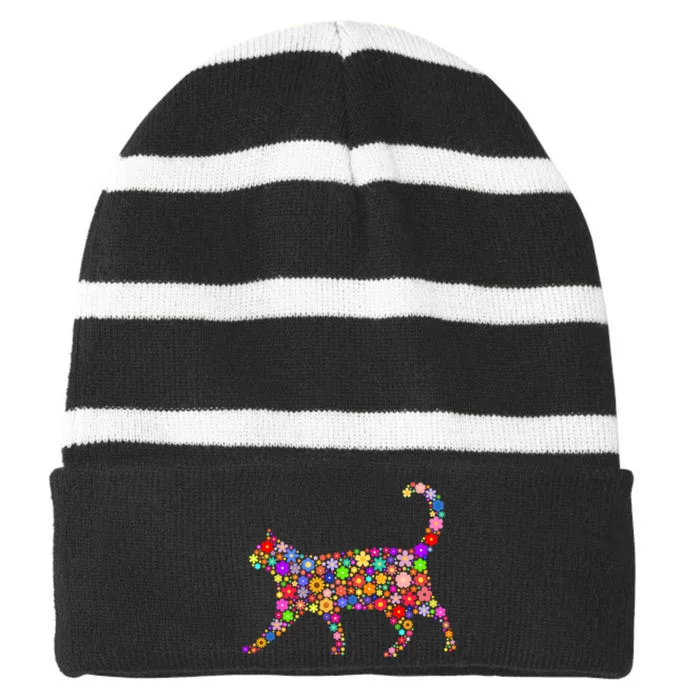 Floral Pattern Cat  Floral Cat Silhouette Striped Beanie with Solid Band