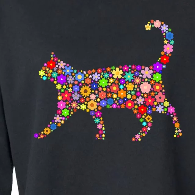 Floral Pattern Cat  Floral Cat Silhouette Cropped Pullover Crew