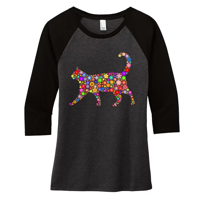 Floral Pattern Cat  Floral Cat Silhouette Women's Tri-Blend 3/4-Sleeve Raglan Shirt