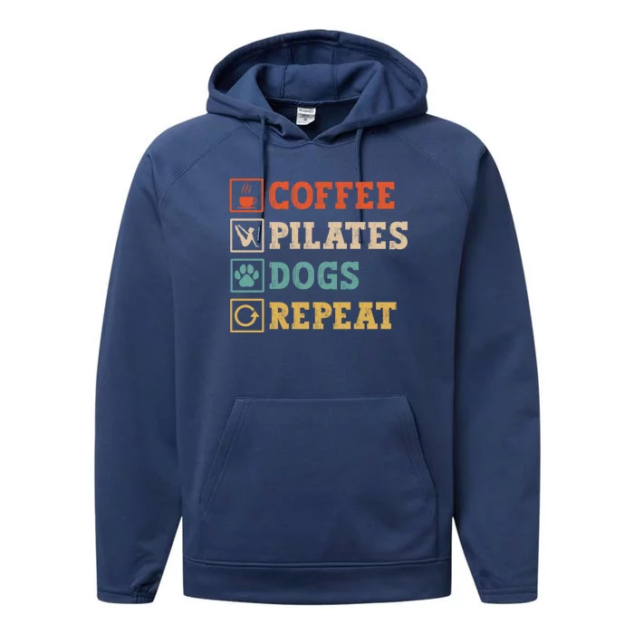 Funny Pilates Coffee Pilates Dogs Repeat Pilates Lover Gift Performance Fleece Hoodie