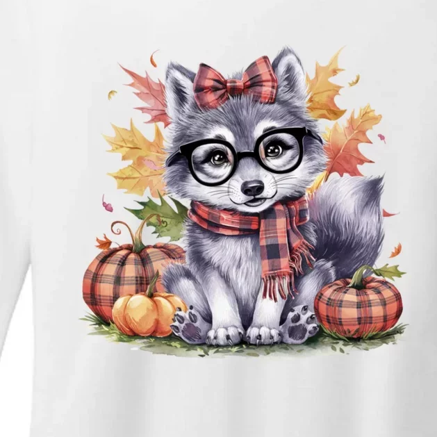 Fall Pumpkin Cute Wolf Fall Autumn Thanksgiving Womens CVC Long Sleeve Shirt