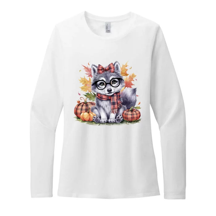 Fall Pumpkin Cute Wolf Fall Autumn Thanksgiving Womens CVC Long Sleeve Shirt