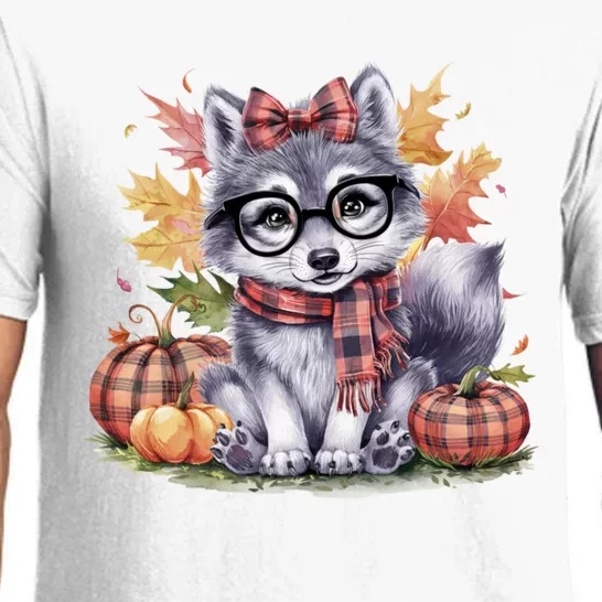 Fall Pumpkin Cute Wolf Fall Autumn Thanksgiving Pajama Set