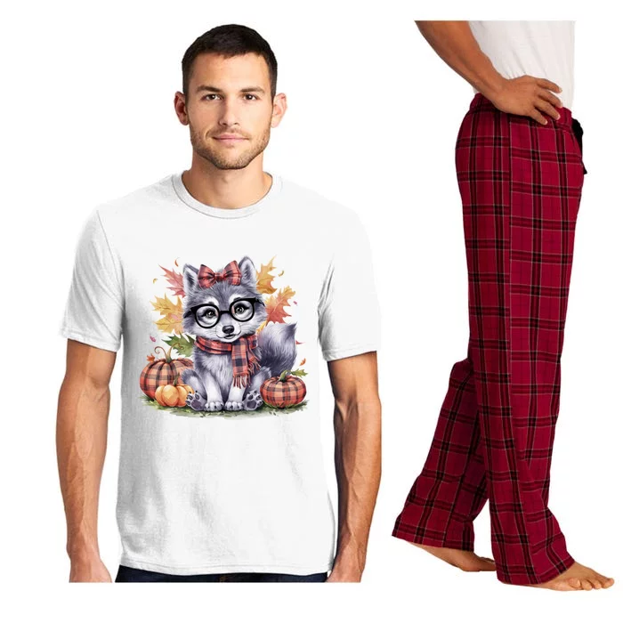 Fall Pumpkin Cute Wolf Fall Autumn Thanksgiving Pajama Set