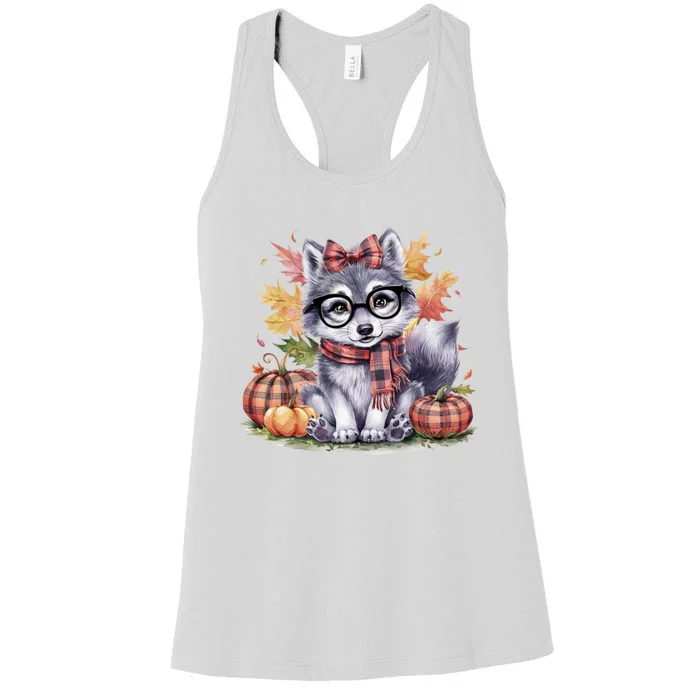 Fall Pumpkin Cute Wolf Fall Autumn Thanksgiving Women's Racerback Tank