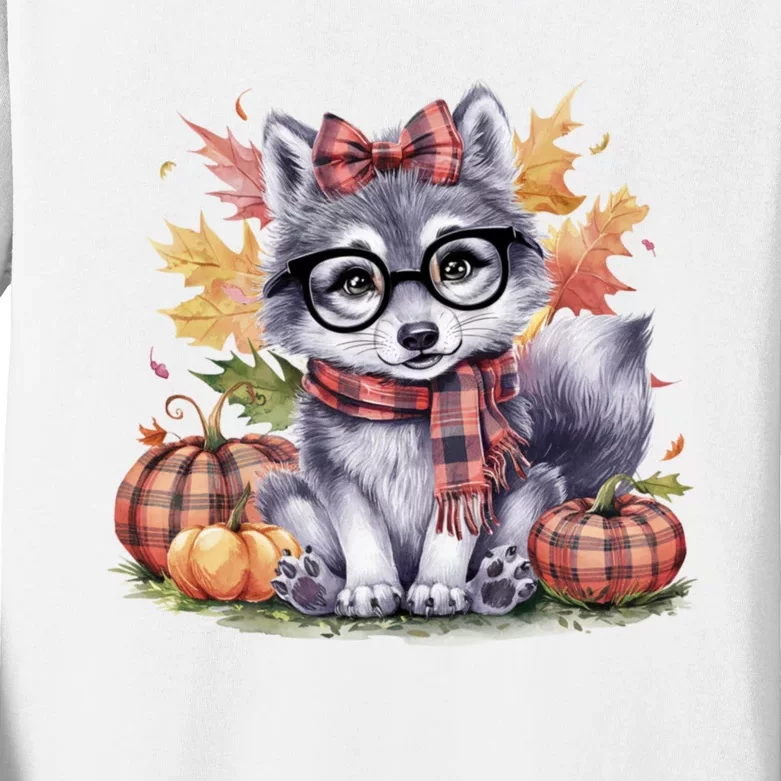 Fall Pumpkin Cute Wolf Fall Autumn Thanksgiving Kids Long Sleeve Shirt