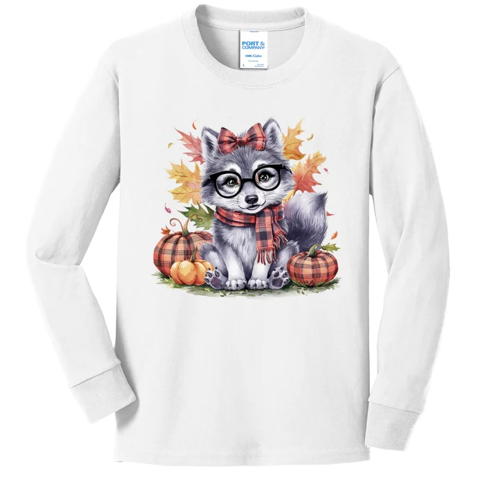 Fall Pumpkin Cute Wolf Fall Autumn Thanksgiving Kids Long Sleeve Shirt