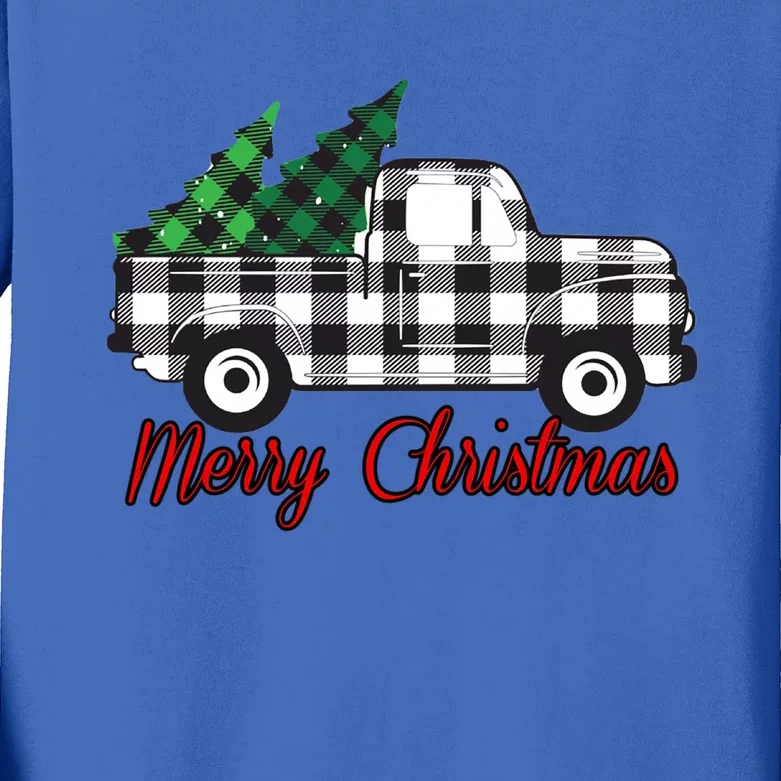 Farmhouse Plaid Christmas Truck Gift Kids Long Sleeve Shirt