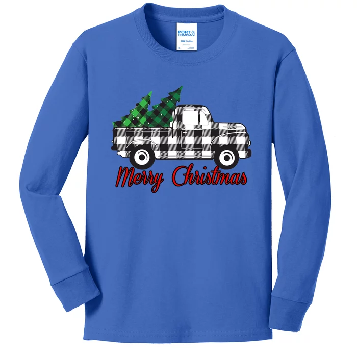 Farmhouse Plaid Christmas Truck Gift Kids Long Sleeve Shirt