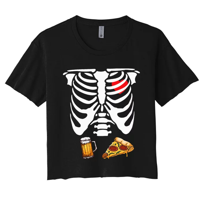 Funny Pregnancy Couple Dad Skeleton Halloween Beer Pizza Women's Crop Top Tee