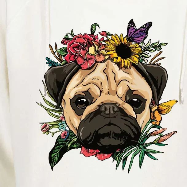 Floral Pug Dog Spring Nature Dog Lovers Womens Funnel Neck Pullover Hood