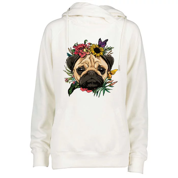 Floral Pug Dog Spring Nature Dog Lovers Womens Funnel Neck Pullover Hood