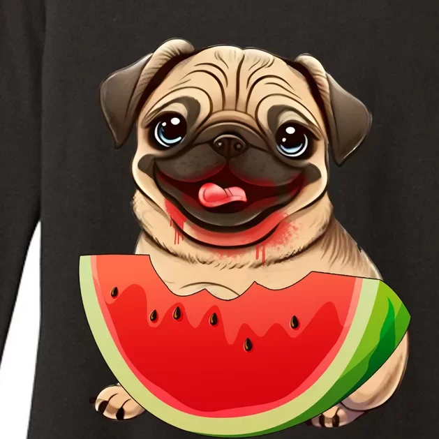 Funny Pug Dog And Watermelon Slice Summer Vacation Great Gift Womens CVC Long Sleeve Shirt