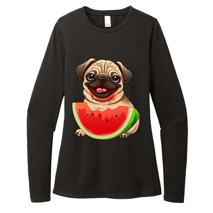 Funny Pug Dog And Watermelon Slice Summer Vacation Great Gift Womens CVC Long Sleeve Shirt