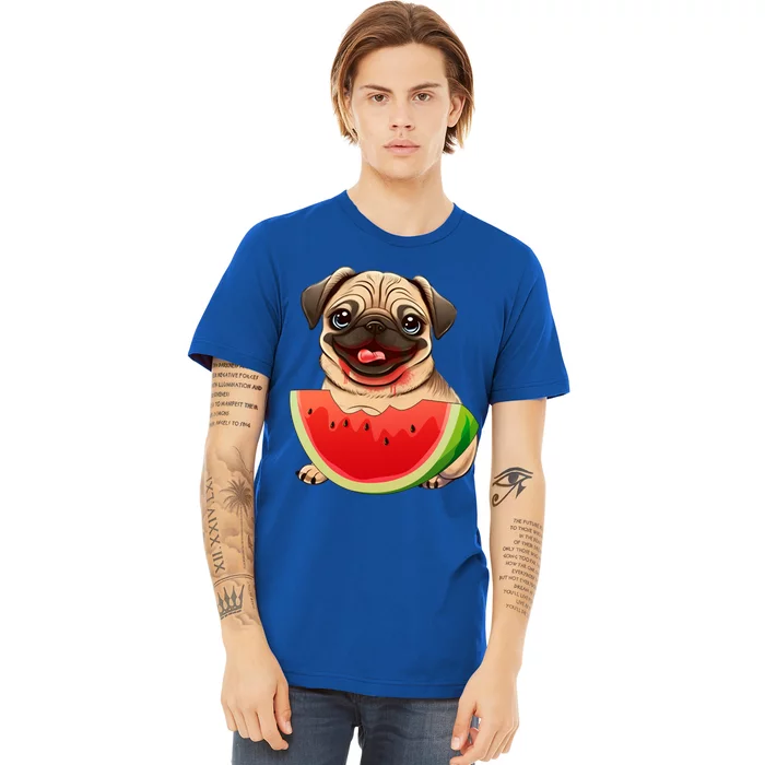 Funny Pug Dog And Watermelon Slice Summer Vacation Great Gift Premium T-Shirt