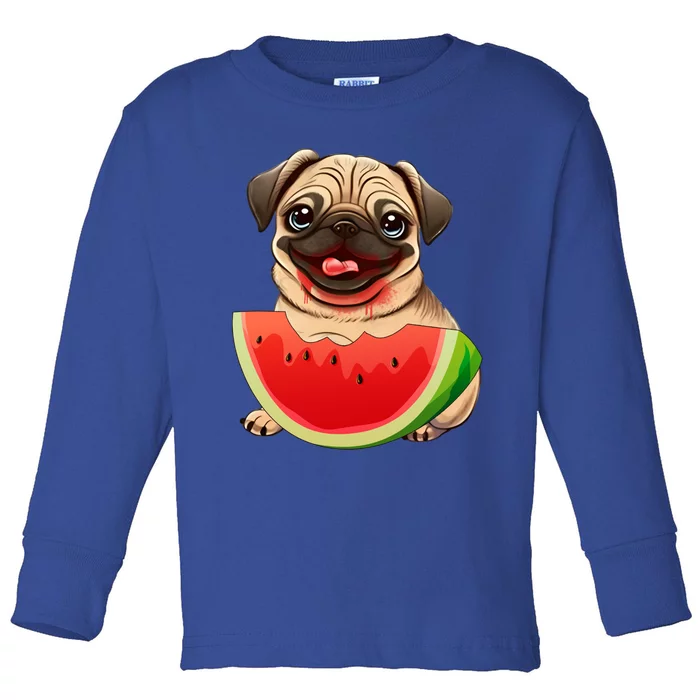 Funny Pug Dog And Watermelon Slice Summer Vacation Great Gift Toddler Long Sleeve Shirt