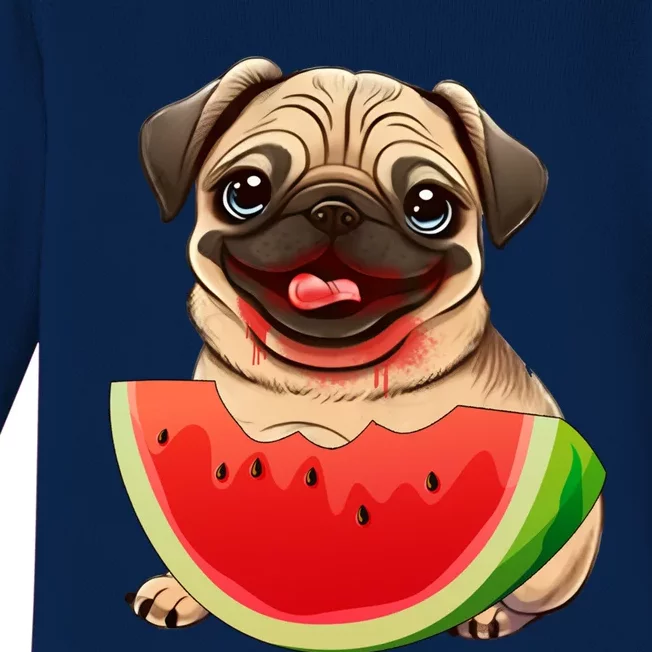 Funny Pug Dog And Watermelon Slice Summer Vacation Great Gift Baby Long Sleeve Bodysuit