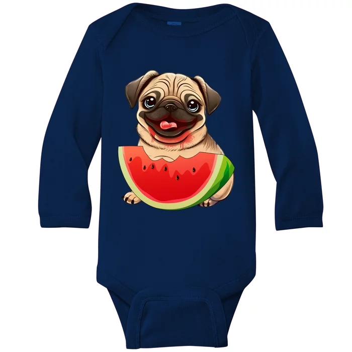 Funny Pug Dog And Watermelon Slice Summer Vacation Great Gift Baby Long Sleeve Bodysuit