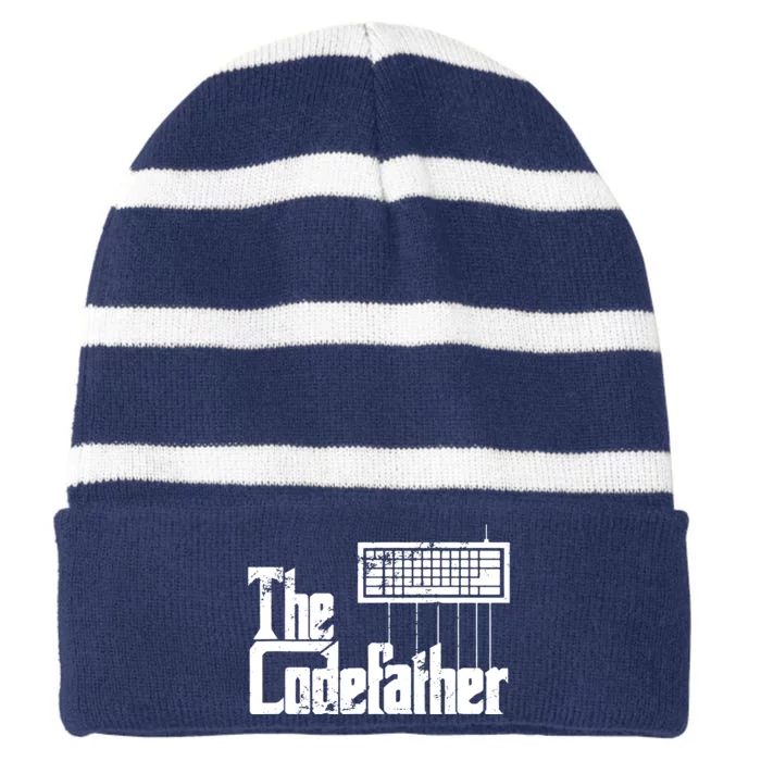 Funny Programmer Dad Gift The Codefather Vintage Coder Striped Beanie with Solid Band