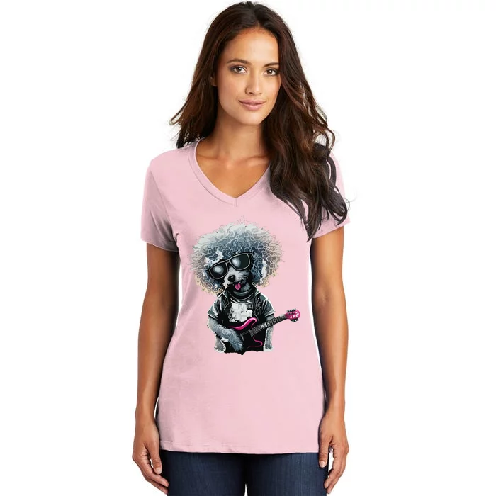 Funny Poodle Dog Miniature Poodle Toy Poodle Retro Sunset Women's V-Neck T-Shirt