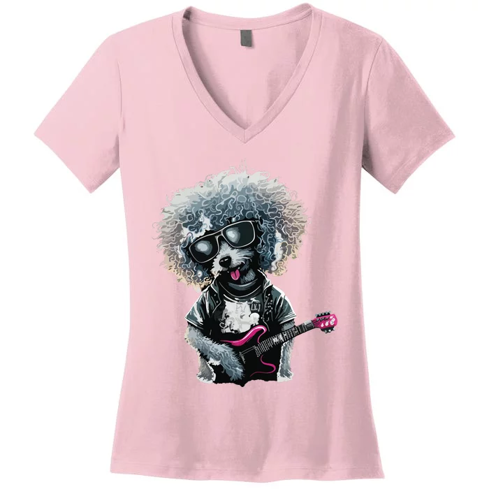 Funny Poodle Dog Miniature Poodle Toy Poodle Retro Sunset Women's V-Neck T-Shirt